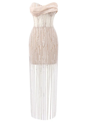 Strapless Sequin Tassel Maxi Dress Nude