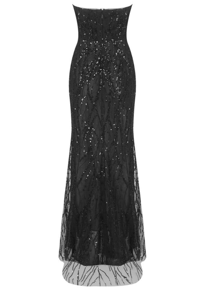 Strapless Floral Crystal Sequin Maxi Dress Black
