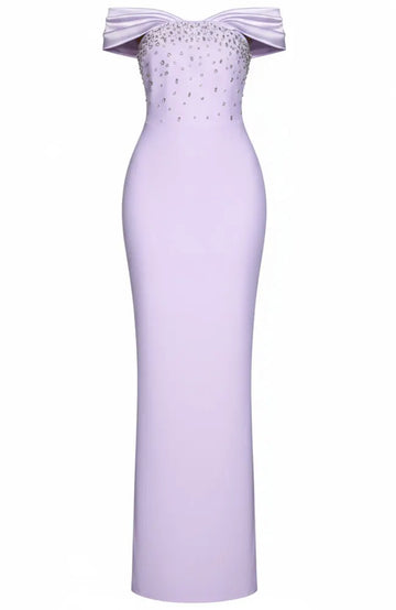 Draped Bardot Design Crystal Maxi Dress Lavender