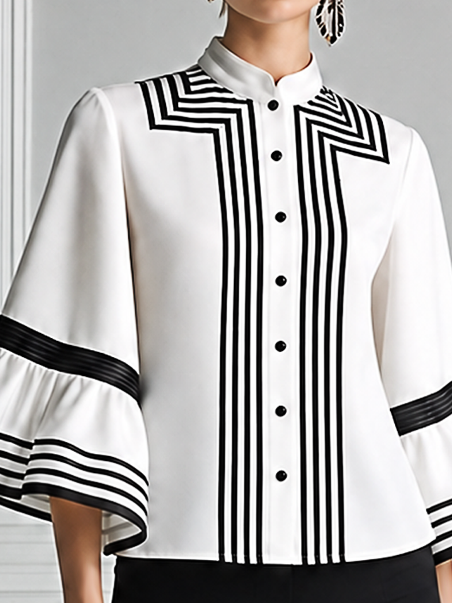 White Preppy Contrast Stripe Bell Sleeve Blouse