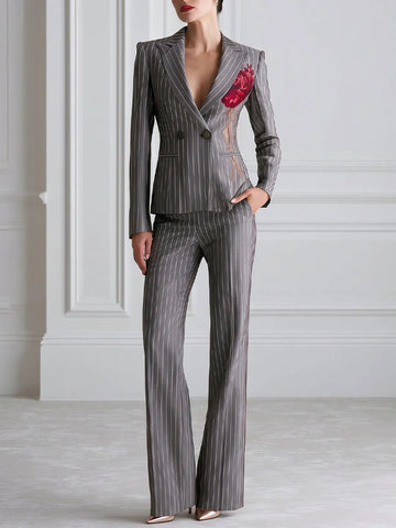 Rose Print Pinstripe Blazer And Flared Trouser Suit