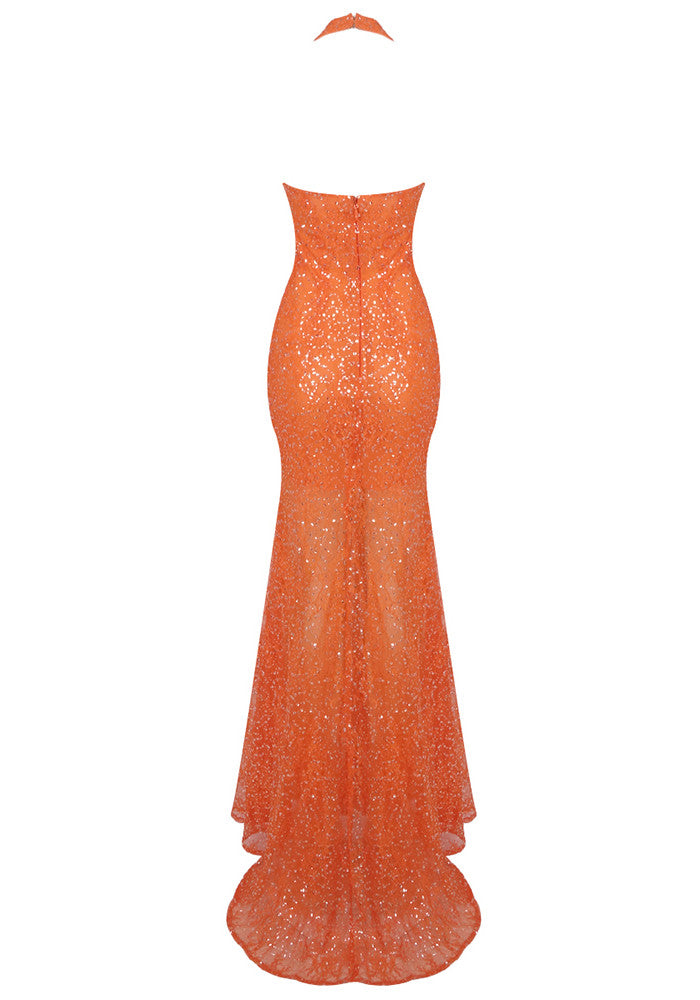 Halter Floral Sequin Maxi Dress Orange