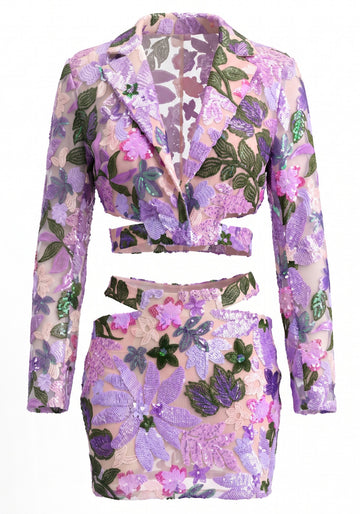 Long Sleeve Sequin Floral Two Piece Dress Purple