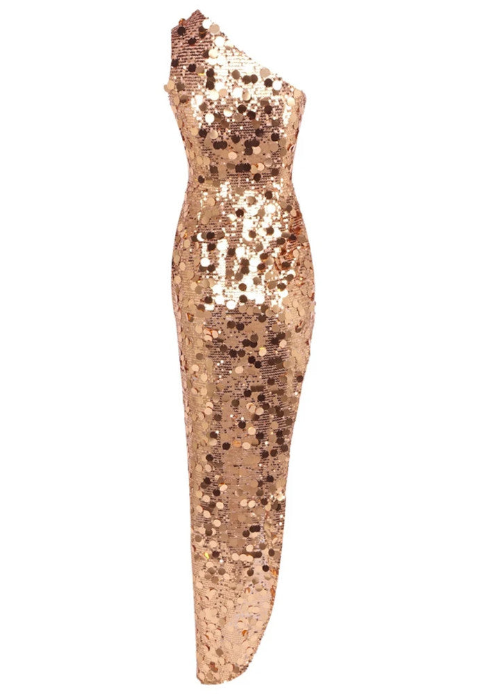 One Shoulder Asymmetric Sequin Maxi Dress Gold