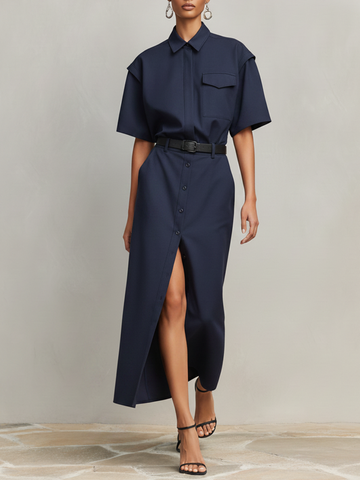 Women's Navy Blue Cotton-Blend Two-Piece Set  With Short Sleeves & Front Slit, Timeless Minimalist-Chic Workwear Dress (without Belt) MDZ2309D7LYL