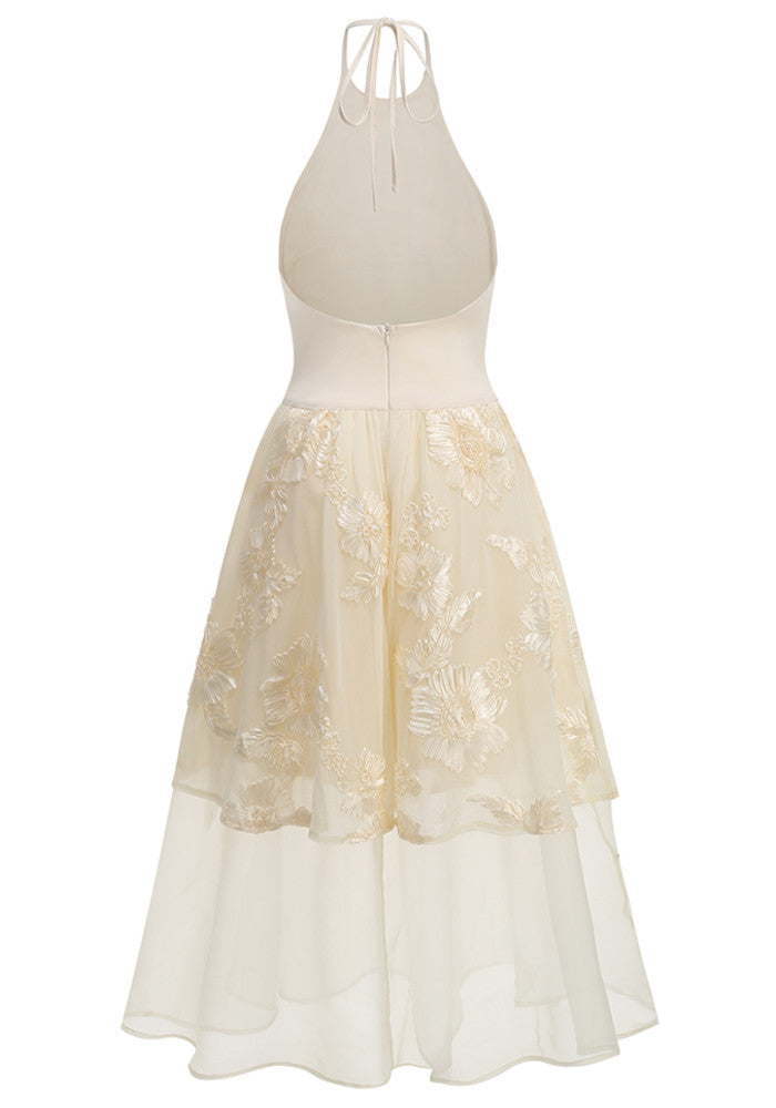 Halter Floral A Line Midi Dress Ivory