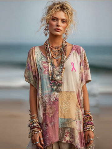 Women's Vintage Floral Pink Ribbon Art Linen V-neck T-shirt