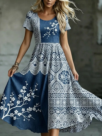 Women's Retro Japanese Cherry Blossom Patchwork Art Pattern Casual Dress