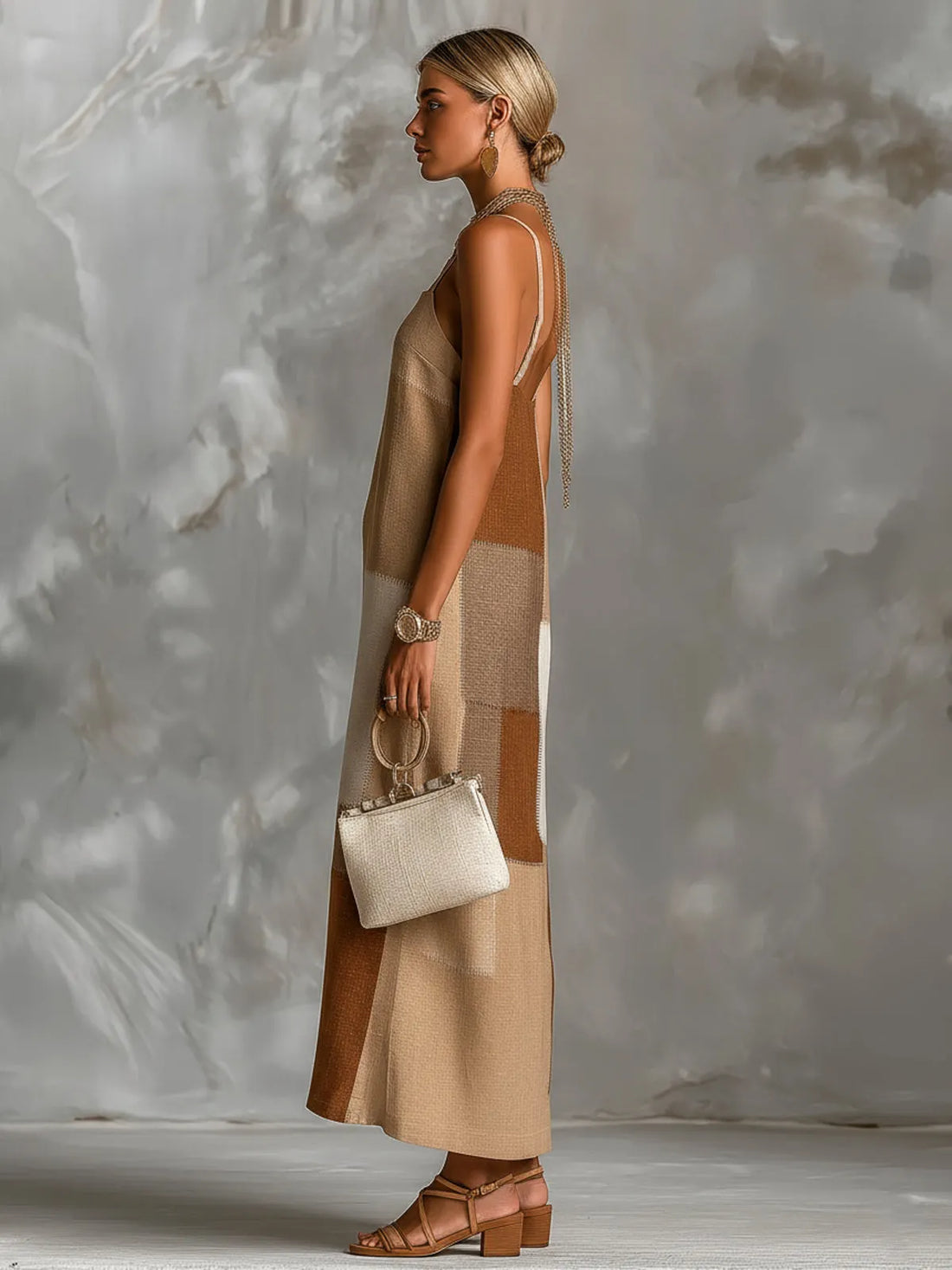 Brown Colorblock Spaghetti Straps Square-Neck Sleeveless Maxi Dress