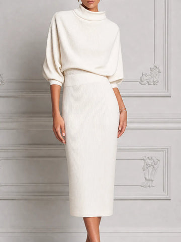 White Dress Stockholm Style Ribbed Knit Turtleneck Pencil Midi Dress