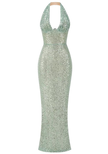 Halter Sequin Backless Maxi Dress Green