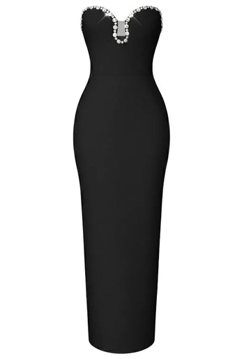 Strapless Crystal Neckline Midi Dress Black