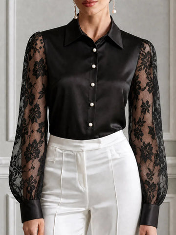Collared Floral Lace Puff Long Sleeves Satin Blouse