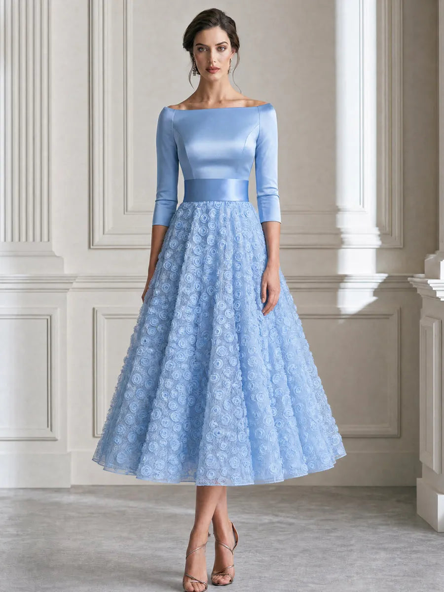 Off Shoulder Bodice 3D Floral Tulle A-Line Midi Dress