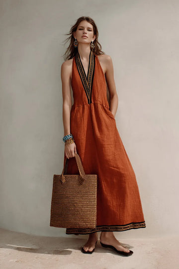 Women's Rust Orange V-Neck Embroidered Waist Tie Maxi Dress