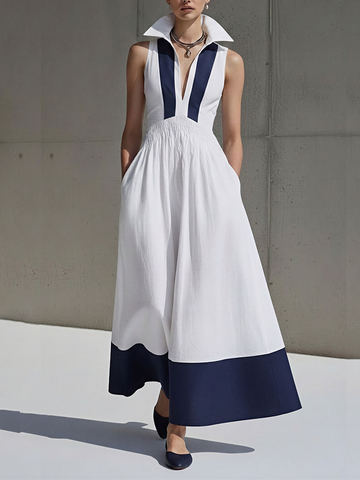 Women's White & Navy Linen-Blend Midi Dress With Collared Neck & Smocked Waist, Timeless Nautical-Chic Style Dress MDZ2071D1LYL