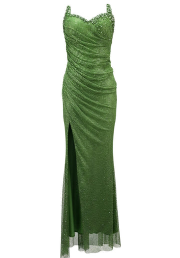 Strapless Crystal Draped Sparkly Maxi Dress Green