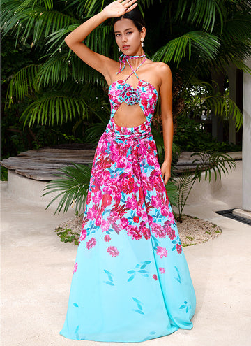 Halter Floral Print One Piece Swimsuit and Skirt or Sarong