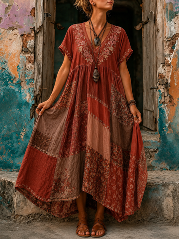 Women's Vacation Linen Floral Print V-Neck Short Sleeve Maxi Dress