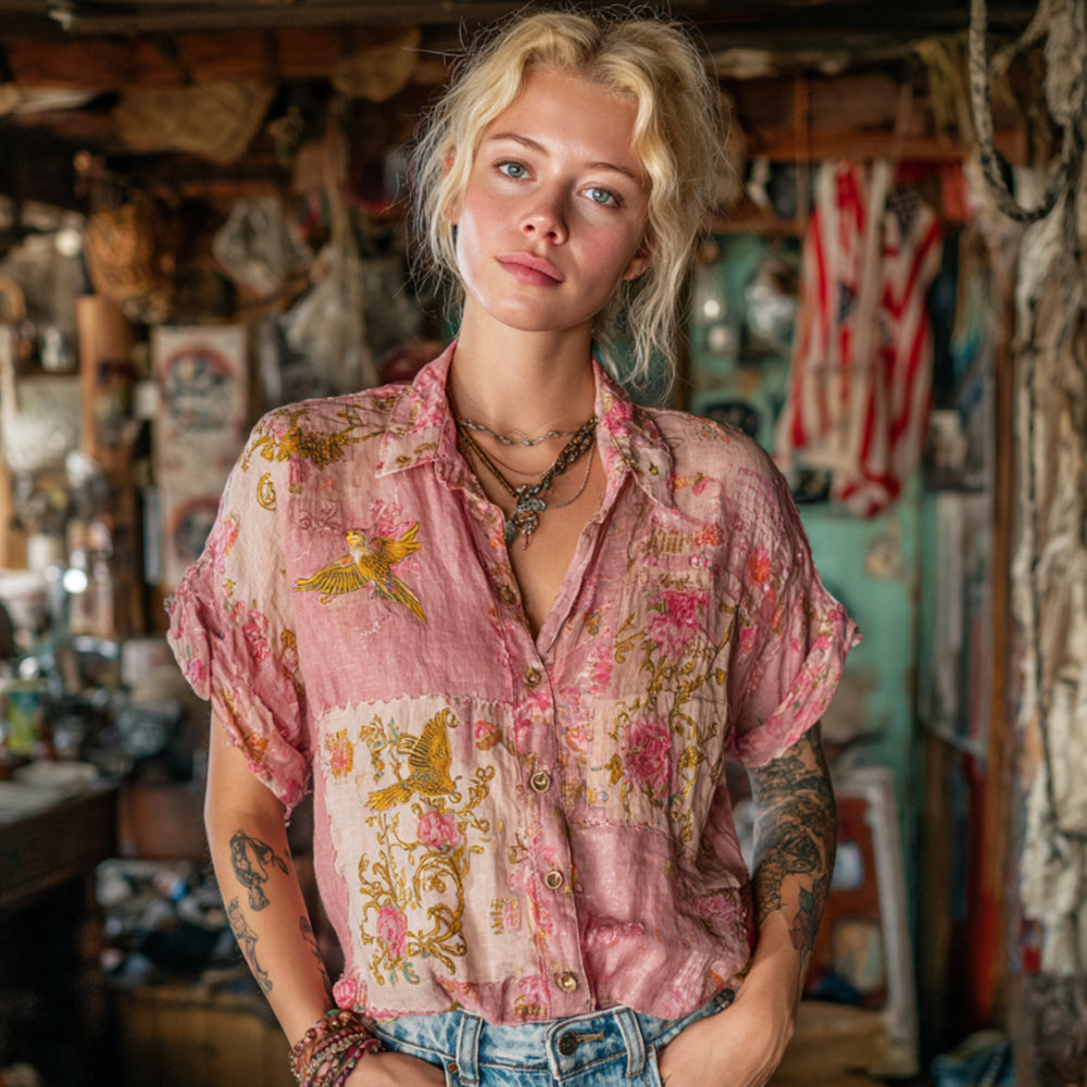 Retro Japanese Floral And Bird Art Pink Linen Shawl Collar Cardigan Short Sleeve Top