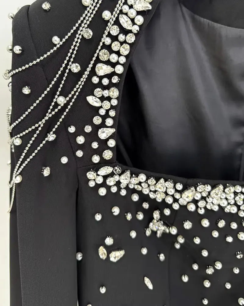 Cape Sleeve Crystal Pearl Maxi Dress Black
