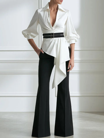 Asymmetric Draped Blouse And Flared Pants Set