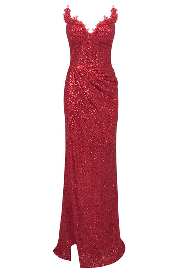 Strapless Crystal Bustier Sequin Maxi Dress Red