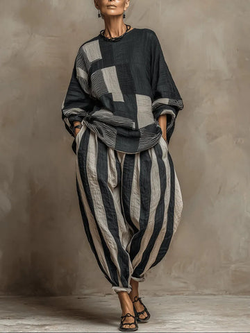 Casual Color-Block Printed Long-Sleeve Top And Pants Set