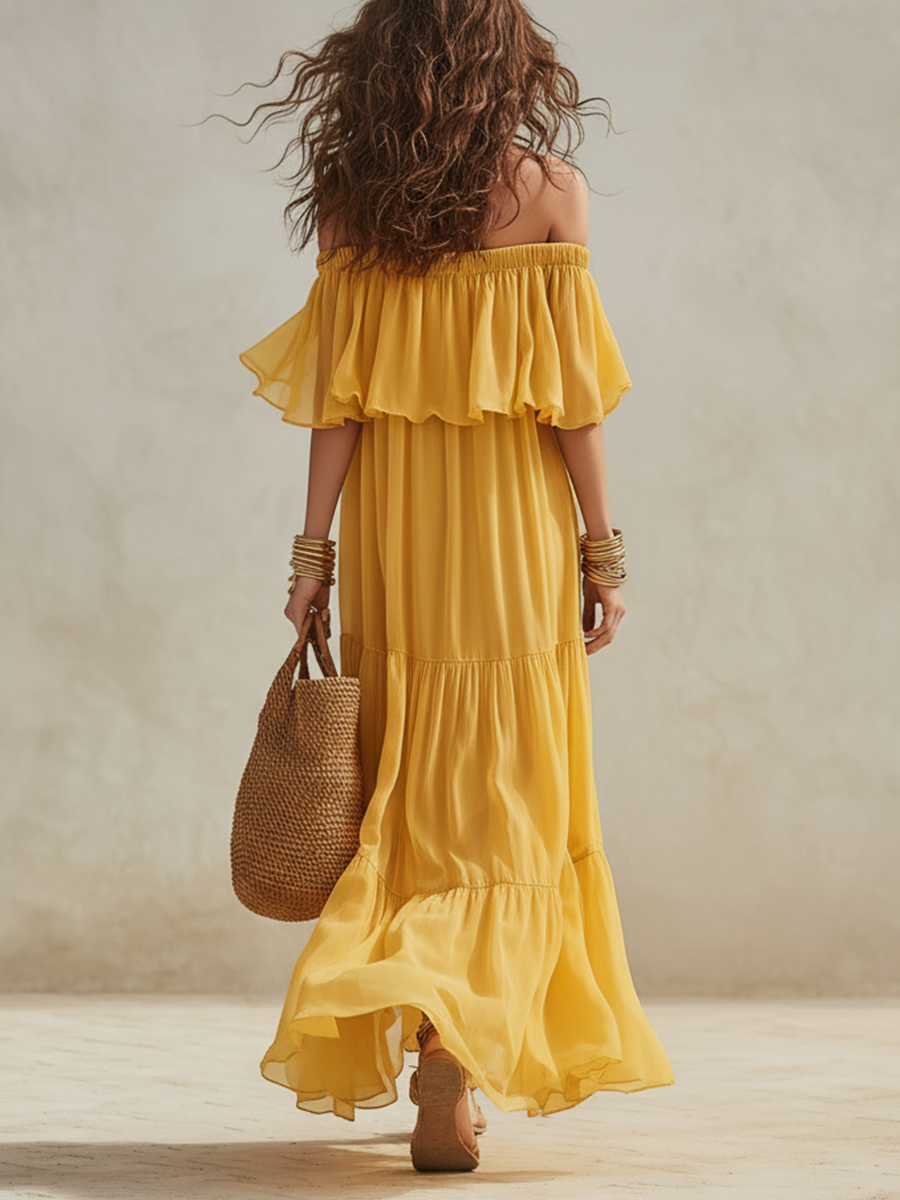 Vibrant Sunflower Yellow Off-the-Shoulder Tiered Chiffon Maxi Dress
