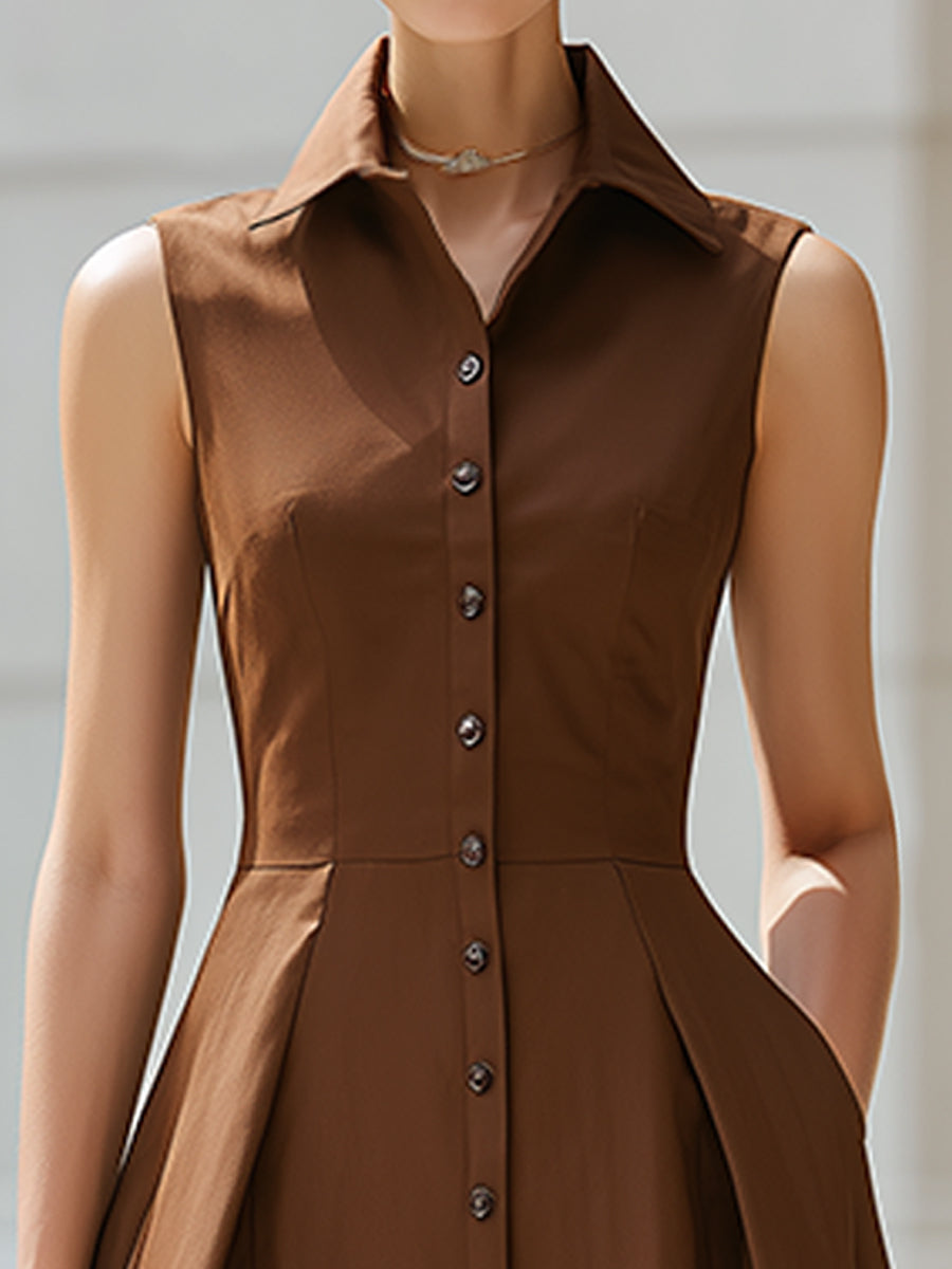 Sleeveless Button-Front Collared A-Line Midi Shirt Dress