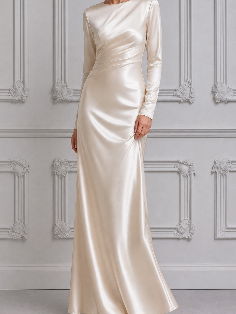 White Dress Satin Ruched Long Sleeve Maxi Dress