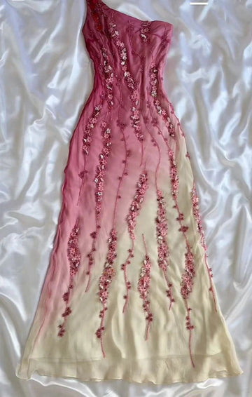 Pink gradient gorgeous fashion exquisite beading long chiffon elegant ball gown evening dress party dress