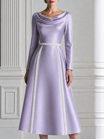 Cowl Neck Satin Pearl Trim A-Line Midi Dress