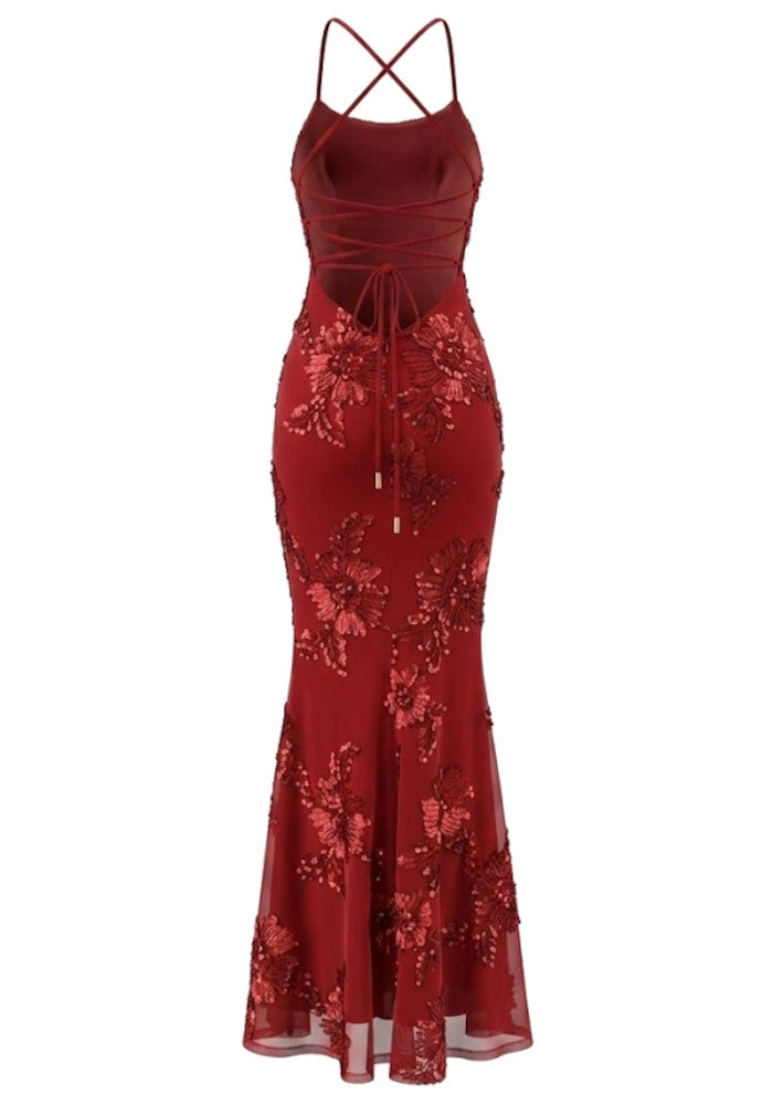 Halter Floral Strappy Backless Maxi Dress Red