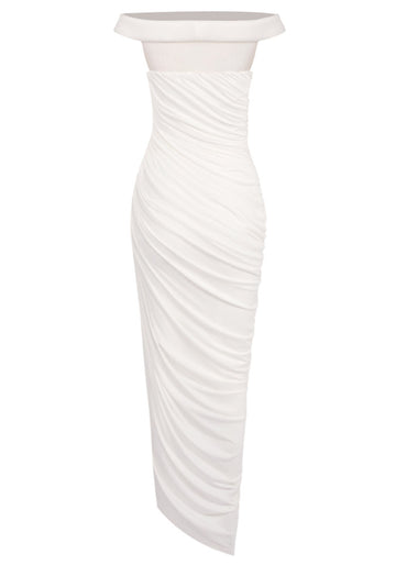 Bardot Draped Mesh Insert Maxi Dress White