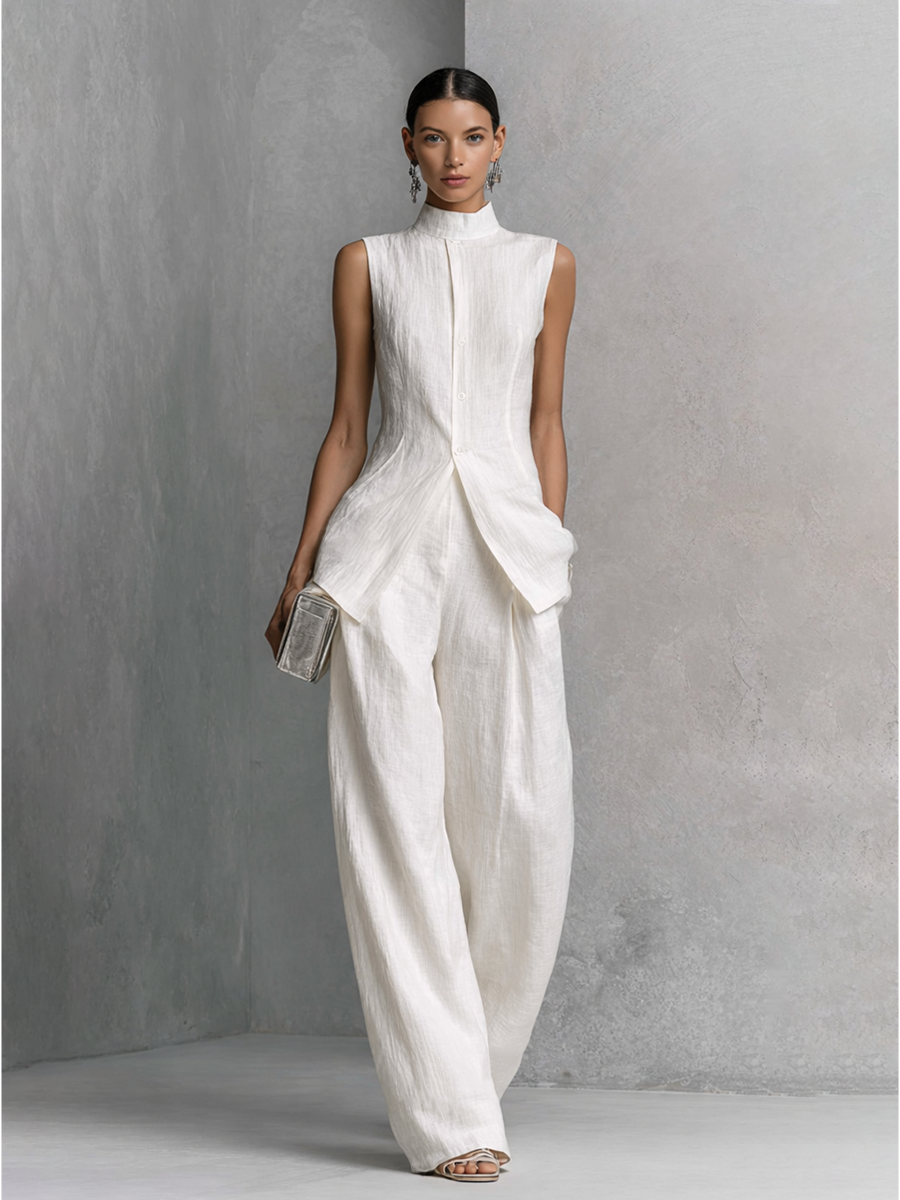 Women's Elegant White Cotton Linen Sleeveless Top and Wide-Leg Pants Set MDZ0221B1BA