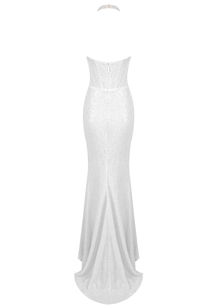 Halter Pearl Detail Sequin Maxi Dress White