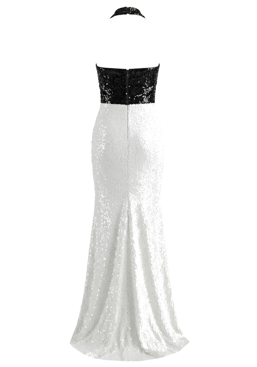 Halter Crystal Detail Sequin Maxi Dress Black White