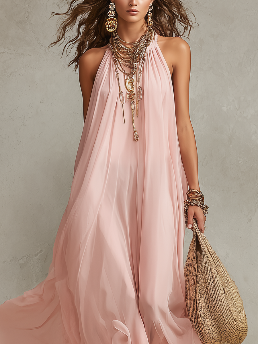 Bohemian Pink Flowing Chiffon Halter Neck Maxi Dress