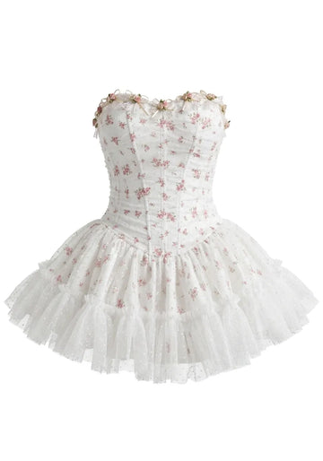 Strapless Floral A Line Corset Dress White