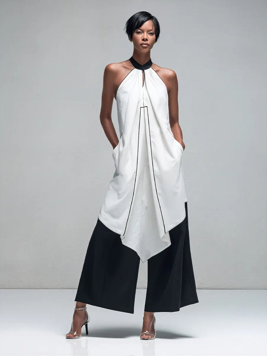 Women’s White Halter Neck Asymmetrical Tunic Top & Black Wide-Leg Pants Two-Piece Set MDZ2764D6T
