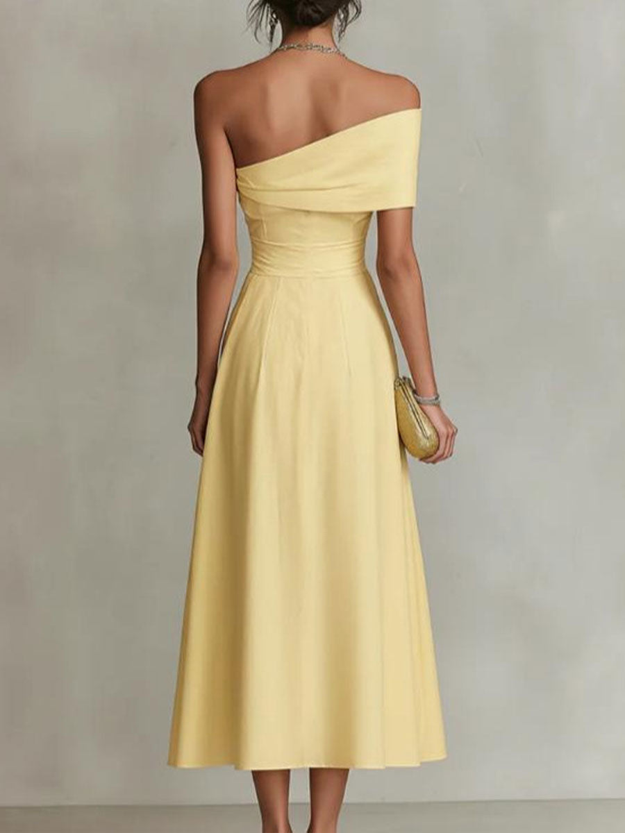 Women's Cotton-linen Solid-color Off-shoulder Backless Dress
