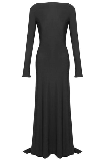 Long Sleeve Draped Backless Maxi Dress Black