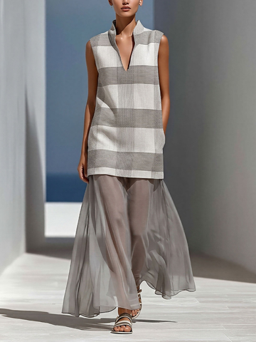 Women’s Grey Plaid Sleeveless Tunic Top & Sheer Chiffon Maxi Skirt Two-Piece Set MDZ2824D9T
