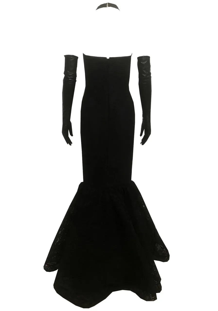 Halter Lace Insert Mermaid Maxi Dress Black