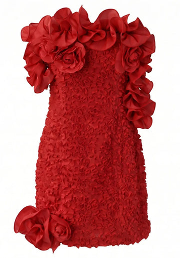 Strapless Floral Ruffle Dress Red