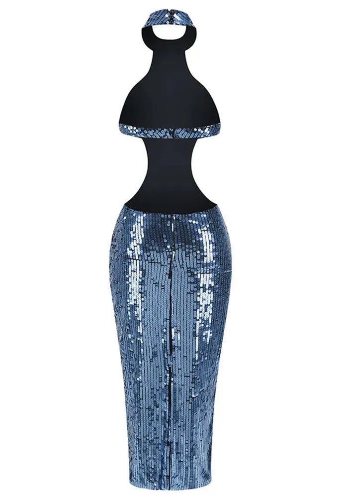 Halter Sequin Backless Maxi Dress Blue