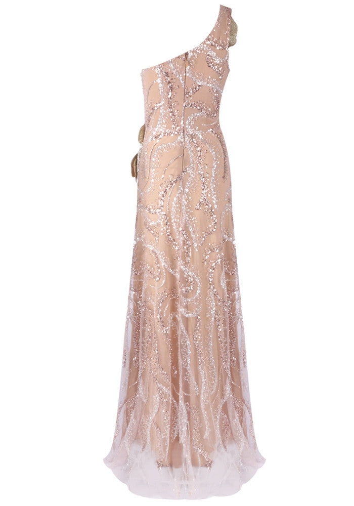 One Shoulder Floral Sequin Maxi Dress Nude