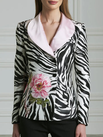 Floral Zebra Print Contrast-Lapel Tailored Blazer