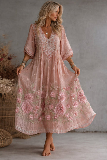 Pink 3D Embroidered Lace V-Neck Long Dress